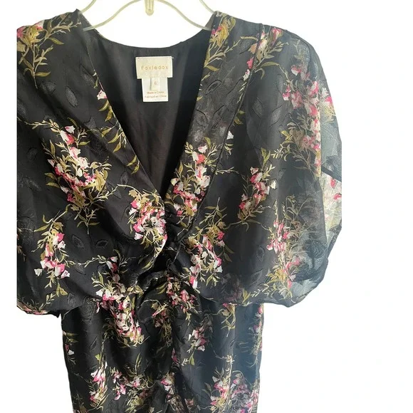 Anthro Foxiedox Black Floral Flutter Sleeve‎ Ruched V Neck Midi Dress Size 6 - Picture 3 of 7